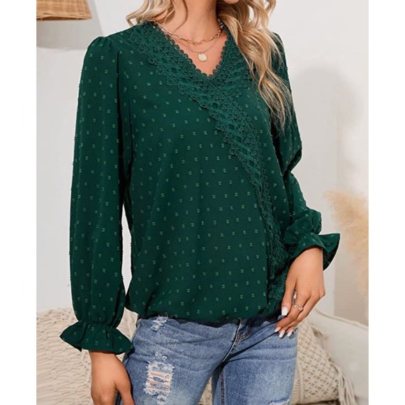 Green Off-White Crochet Lace V-Neck Long Sleeve Bishop Dressy Top Blouse - Picture 3 of 6